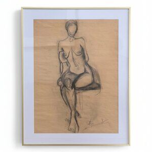 ORIGINAL HAND DRAWING - IN GLASS GOLD METAL FRAME - 22.5" X 29"